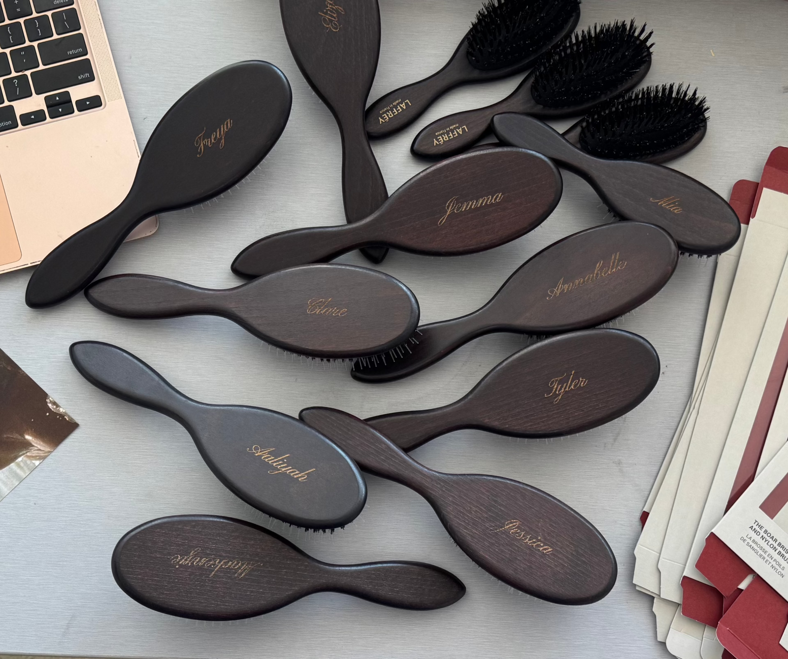 Laffrey wooden hairbrushes personalised with engraved names